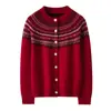 Botones engrosados, 100% cachemira pura, cuello redondo, cárdigan de estilo suave para mujer, suéter de cachemira, jacquard tejido, patrón Fair Isle