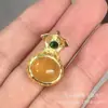 Estilo Tendência Nacional Imitação Ágata Verde Bolsa de Dinheiro Estilo Étnico Calcedônia Natural Bolsa da Sorte Pingente Banhado a Cobre Dourado para Mulheres Colar Simples para Senhoras