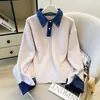 Suéter de dos piezas falsas con cuello de camisa de mezclilla empalmado para mujer, nuevo cárdigan de punto chic coreano de alta gama Otoño/Invierno 2026