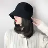 Gorro Peluca Xuchang para Mujer, Sombrero de Pescador Estilo Coreano Primavera y Otoño, Cabello Mediano-Largo con Rizo Hacia Adentro, Cabello Integrado a la Altura de la Clavícula, Cabello Corto, Esponjoso