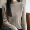 Suéter de Lana 100% Pura de Cuello Medio para Mujer, Tejido Jacquard de Diamantes, Suéter Holgado Cálido de Manga Larga, Prenda Base Superior