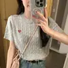 Camiseta de Punto Bordada con Corazón para Mujer, Estilo Coreano de Verano, Diseño Bordado, Manga Corta, Tejido de Punto Trenzado, Top Corto