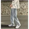 Calças Casuais Masculinas de Corte Reto Estilo Retrô Americano High Street Calças de Cintura com Cordão de Perna Larga Jeans Azul Claro Leve para Primavera e Outono