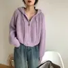 Cárdigan de punto grueso con capucha, de amarre, corto, holgado, con cremallera, color caramelo, abrigo dulce y suave para primavera/otoño para mujer