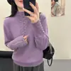 Suéter de Punto de Moda con Perlas, Cuello Medio Alto, Manga Larga, Color Sólido, Casual, con una Camiseta de Punto Casual de Manga Larga Debajo