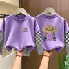 Camiseta de manga larga de algodón puro para niña para primavera y otoño, camiseta base de retazos a rayas para niñas mayores, top elegante y versátil de cuello redondo