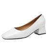 2022 Nova Primavera dedo quadrado dedo raso boca grossa salto de camada única sapatos de salto médio preto trabalho sapatos de couro pequeno plus size 41 sapatos femininos