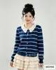 Cárdigan de punto de ganchillo hueco a rayas de estilo coreano popular de manga larga para otoño con cuello vuelto para mujer, top holgado