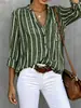 Camisa feminina de estilo casual, com gola alta, meia-abertura e listras verticais, de manga dobrável e com bolsos, para uso transfronteiriço europeu e americano