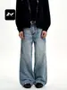 Calça Jeans Reta Lavada Azul Fengmei Americana para Homens e Mulheres Retrô Bigodes 3D Emagrecimento Solta Tendência Perna Larga Calça Casual