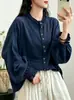 Elegante y artística camisa de gasa de algodón con mangas de encaje para mujer, nuevo estilo de otoño, moderna, rejuvenecedora, adelgazante, camisa casual al por mayor