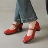 Couro de Vaca Camada Superior Lavada Simples Sapatos Mary Jane Versáteis Primavera 2025 Salto Médio Grosso Bico Redondo Couro Genuíno Sapatos de Botão Único para Mulheres