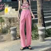 Calça Jeans Larga de Cintura Alta Cor Vibrante Estilo Outono Inverno Caimento Casual Solta para Mulheres e Crianças