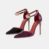 Directo del fabricante: Zapatos de tacón alto para mujer con una sola tira, tacón fino, corte bajo, charol, elegantes, estilo discoteca, sexys, calados, punta fina, zapatos de una sola pieza, nuevos