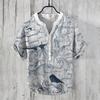 Camisa Casual Masculina Manga Curta com Estampa Digital de Surfe Anime, Gola V, 3 Botões, Tecido Bambu Linho, Roupa de Trabalho Fresca e Bonita
