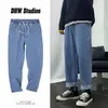 Jeans para hombre de primavera y otoño, estilo ins de alta calle, corte recto holgado, cintura elástica, pierna ancha, jeans rectos juveniles para hombre
