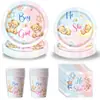 Kit Festa Revelação de Gênero Ursinho Menino ou Menina Azul Rosa Batizado Pratos de Papel Copos de Papel Toalha Balões Decorações