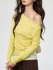 Camiseta Asimétrica de Hombro Caído con Parches de Encaje de Manga Larga para Mujer, Tencel Lyocell, Nuevo Top de Dos Piezas Falsas