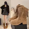 Botas de Vaquero Western con Borlas Retro para Mujer, Nuevo Estilo de Moda Otoño 2026, Botines de Tobillo con Tacón Grueso de Gamuza, Botas de Moda Marrones