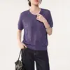 Camiseta de Punto de Verano Nuevo Estilo Mezcla de Lino Lyocell Tencel con Ganchillo Hueco Cuello Redondo para Mujer, Top Holgado Transpirable