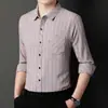 Camisa Masculina de Manga Longa Listrada para Primavera e Outono, Casual de Negócios para Meia-idade, 2023, Bolso Real, Algodão Linho, Camisa Masculina Estilo Pai