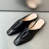 Sandalias de Mula de Cuero Suave Completo Estilo Minimalista Verano 2026 Nuevas para Exteriores Sandalias Planas de Piel de Vaca con Punta Cuadrada Sin Talón para Mujer