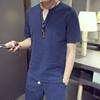 Verão Novo Masculino Linho Japonês Três Botões Manga Curta Camiseta Fina Masculina Manga Curta Cor Sólida Algodão Solto e Linho Camiseta