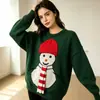 Suéter de Natal transfronteiriço europeu e americano para mulheres, suéter de malha pullover com blocos de cor e detalhes artesanais 3D de boneco de neve de lã
