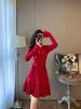 Vestido Tejido Nuevo Rojo Estilo Francés, Lujo Accesible y Alta Gama, Look Moderno y Adelgazante para Personas Bajas, Cuello en V Falda Línea A