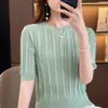 Nueva ropa de mujer de verano, top de punto acanalado de algodón puro con cuello redondo estilo coreano, camiseta elegante y versátil