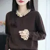 Suéter Tricô Veludo Andy com Babados Tendência para Mulheres, Novo Cardigã Suéter Jaqueta Manga Longa Azul Marinho Outono/Inverno