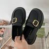 Sapatos Femininos de Couro Pequeno Marrom de Bico Redondo Estilo Britânico Salto Grosso Novos Verão 2025 Mocassins Franceses Slip-On de Sola Grossa