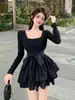 Atractivo Puro Cuello Cuadrado Lazo Corbata Francés Delgado Cintura Otoño Nuevo Vestido Pequeño Vestido Negro Vestido Princesa Voluminoso