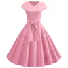 Fuente del fabricante 2019eaby En stock Venta caliente Verano Retro Cuello en V Manga Corta Color Sólido Casual Vestido de Baile Grande