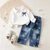 Conjunto de Dos Piezas para Niñas Otoño Cuello Polo Lazo Manga Larga Estampado Completo Decoración de Lazo Tridimensional Jeans Venta al por Mayor