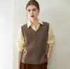 Chal de punto trenzado minimalista estilo coreano con cuello en V, 100% cachemira pura para mujer, suéter tejido, top sin mangas para superponer