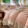 Estilo Princesa de Inverno Renda Roupa de Cama Leite Fleece Conjunto de Quatro Peças Capa de Edredom Fleece Dupla Face Conjunto de Lençóis Fleece Coral Plus