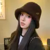 Sombrero de pescador de punto de alta gama para mujer, cálido de invierno, adelgazante, para circunferencia de cabeza grande, sombrero tipo cubo retro estilo coreano