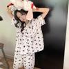Pijama de Manga Curta Estampada com Gatinhos de Desenho Animado para Mulheres, Doce, Fofa e Confortável, Conjunto de Verão, Roupa de Casa