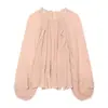 Blusa de Moda Feminina 2026 Estilo Europeu e Americano Solta Plissada com Laço Gola Alta Manga Lanterna Camisa E490751