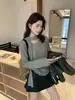 Blusa Texturizada con Volantes de Cuello Redondo y Manga Larga Estilo Coreano Color Verde Limón Otoño para Mujer 11285 (con cinturón)