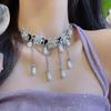 Colar choker gola feminina flor de cristal tridimensional com borla de pérola corrente para clavícula moda