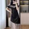 Saia Midi Evasê de Ombro a Ombro Patchwork Vestido Novo Estilo Feminino Cintura Marcada Emagrecedor Verão Plissado Design de Estampa Floral Francesa Moderno