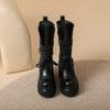 Botas de Cano Médio com Solado Grosso de 12cm para Mulheres no Outono e Inverno Novas Botas Western Retrô com Salto Grosso para Pessoas Baixas e Versáteis Cavaleiras