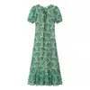 Moda Femenina Europea y Americana Vestido Verde con Estampado en Forma de Abanico, Venta Caliente en Aliexpress, Estampado Hueco, Espalda con Lazo, Corte Entallado, Vestido Largo