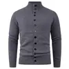 Cardigan de Tricô Clássico Cor Lisa, Novo para Outono e Inverno 2025, com Botões, Gola Alta, Lapela Simples, Jaqueta de Tricô para Homens
