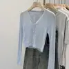 Camisa Fina de Malha Ice Silk Azul com Proteção Solar para Mulheres, Novo Estilo Verão 2026, Combinada com um Cardigã Camisola e um Pequeno Xale para Roupa Externa