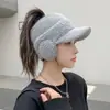 Sombrero de copa vacío de lana tejida para mujer, otoño e invierno, bolsa con orejas de felpa, sombrero protector de orejas, deportes al aire libre, cálido, sombrero de copa vacío para coleta