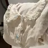 Nova Chegada de Outono! Desenho Fofo 100% Algodão Musseline Dupla Gola de Renda Manga Longa Calça Longa Conjunto para Casa Pode Ser Usado ao Ar Livre