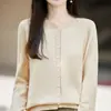 Tricô de Algodão Minimalista Francês com Gola Redonda para Mulheres, Suéter Cardigan Solto Emagrecedor, Peça Básica Versátil para o Dia a Dia